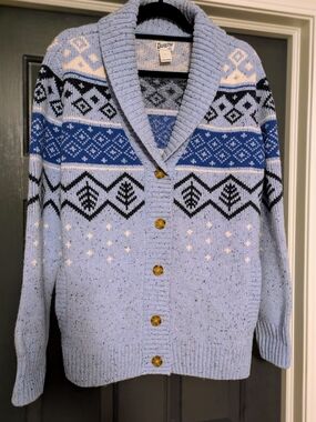 Duluth Trading Co Light Blue Woolpaca Jacquard Cardigan, Size Large
